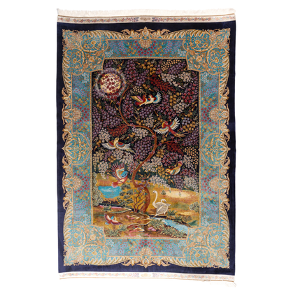 200x300 silk rug with multicolored bird and floral motifs, gold-turquoise borders, and detailed woven craftsmanship.