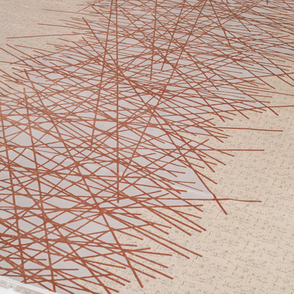 Modern abstract Cotton rug with copper linear pattern on a cream base, sized 350x250 cms – luxurious and contemporary.