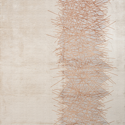 Modern abstract Cotton rug with copper linear pattern on a cream base, sized 350x250 cms – luxurious and contemporary.
