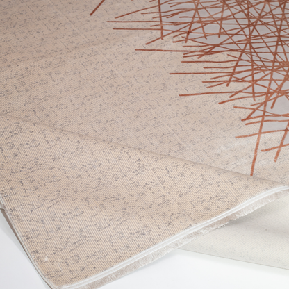Modern abstract Cotton rug with copper linear pattern on a cream base, sized 350x250 cms – luxurious and contemporary.