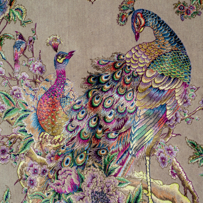Elegant silk rug with peacock and floral design in soft pastels. Framed by intricate vine borders. A handwoven masterpiece of grace.

