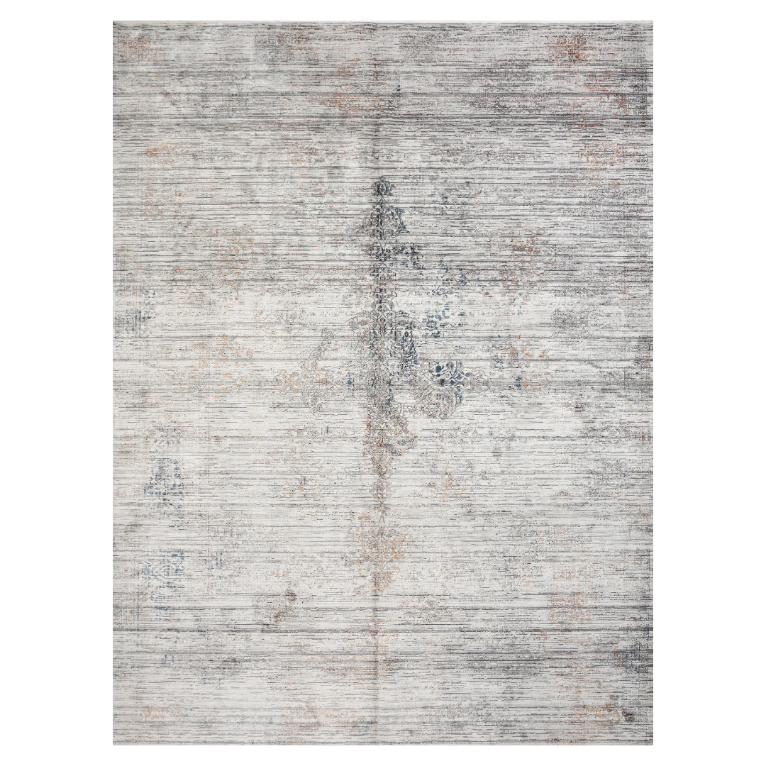 Core Cotton rug in 400x300 cm featuring muted tones of grey, ivory, blue, and burnt orange in a softly distressed modern texture.