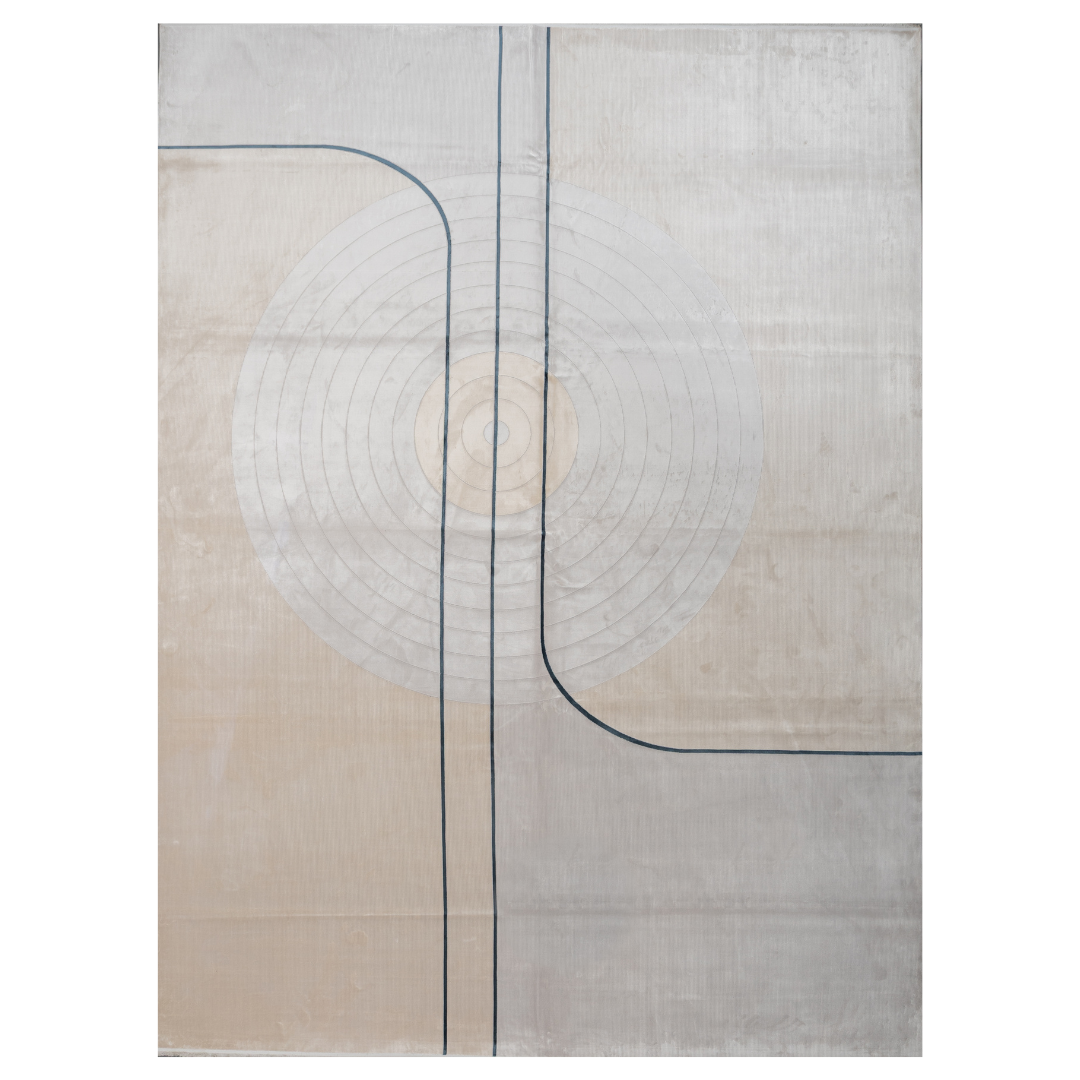 Cosimo Cotton Rug with soft ivory and grey tones, navy geometric lines, texture, size 400x300 cms.