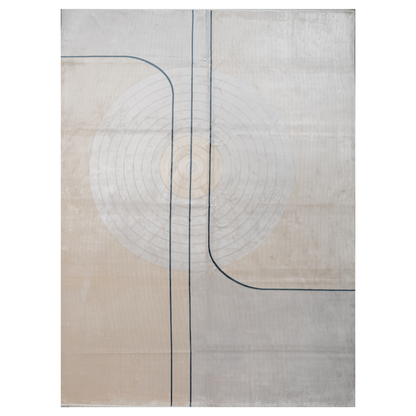 Cosimo Cotton Rug with soft ivory and grey tones, navy geometric lines, texture, size 400x300 cms.