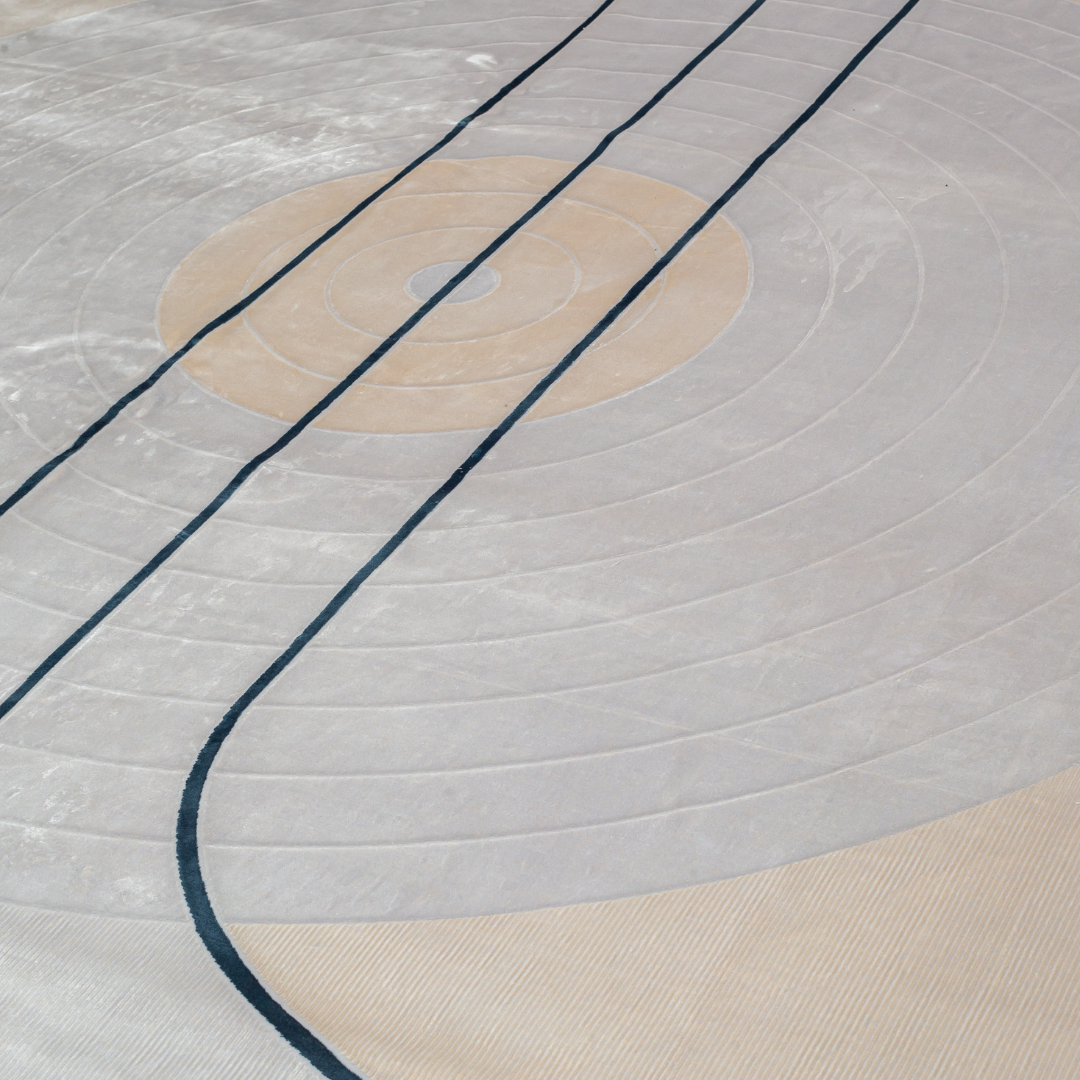 Cosimo Cotton Rug with soft ivory and grey tones, navy geometric lines, texture, size 400x300 cms.