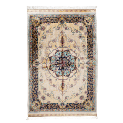 Close-up of the Drais silk rug showing intricate floral patterns, soft sheen and detailed design.