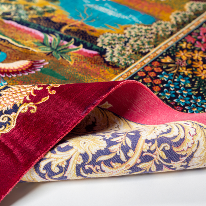 Silk rug with tree of life and bird motif, burgundy floral base, and ornate navy-gold borders. Handwoven with artistic precision.


