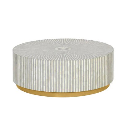 Esme Coffee Table in grey bone inlay with golden base, handcrafted with bold striped design, size 100x100x45 cm.