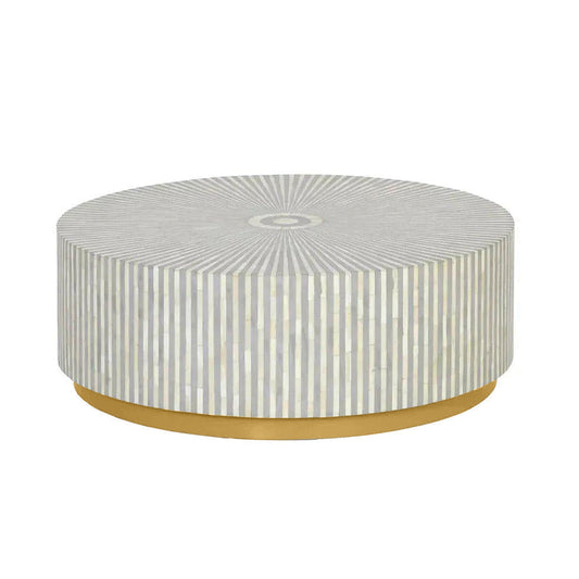 Esme Coffee Table in grey bone inlay with golden base, handcrafted with bold striped design, size 100x100x45 cm.