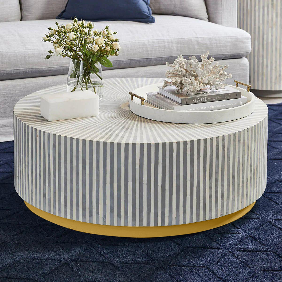 Esme Coffee Table in grey bone inlay with golden base, handcrafted with bold striped design, size 100x100x45 cm.