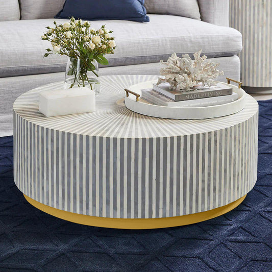 Esme Coffee Table in grey bone inlay with golden base, handcrafted with bold striped design, size 100x100x45 cm.