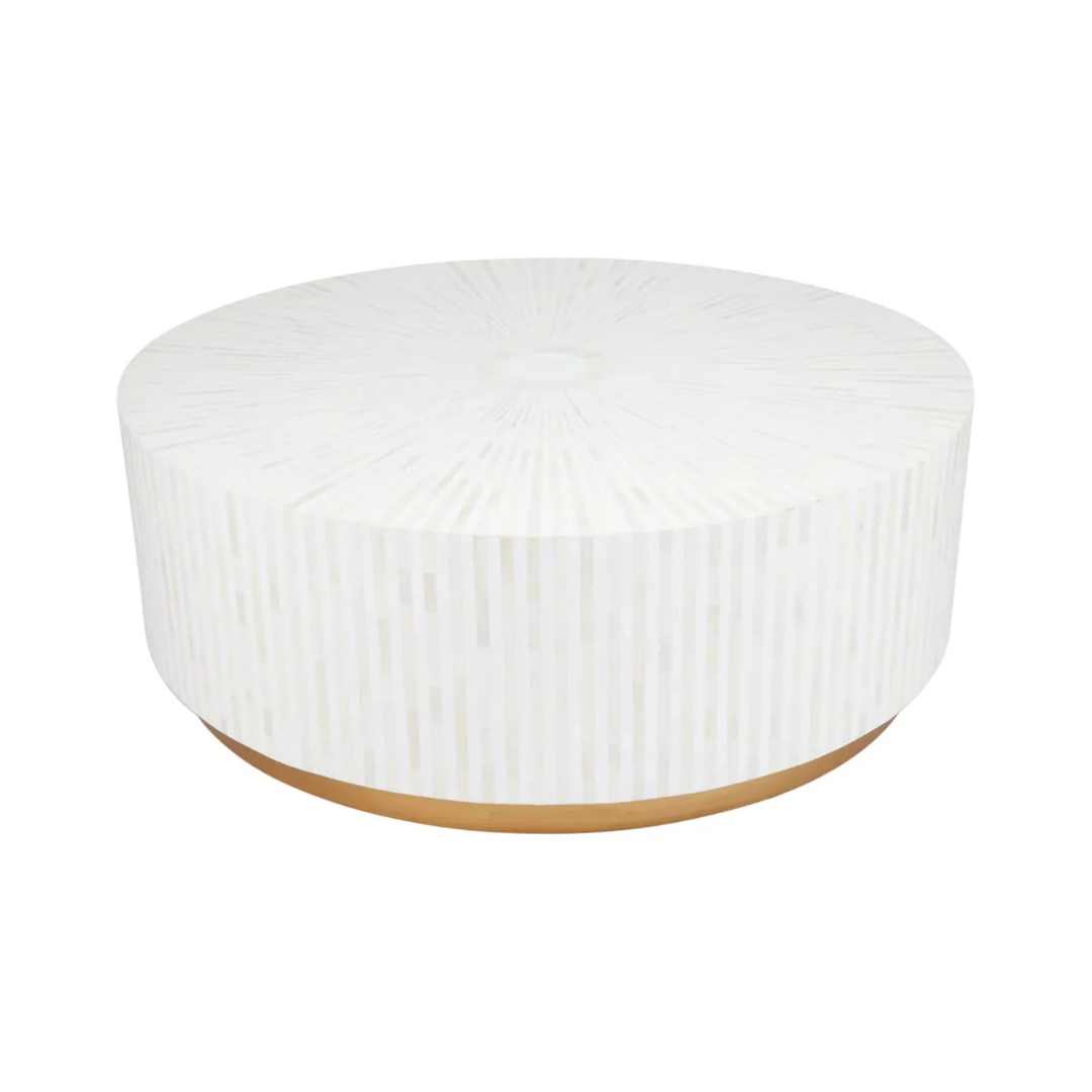 Esme Coffee Table in black bone inlay with golden base, handcrafted with bold striped design, size 100x100x45 cm.