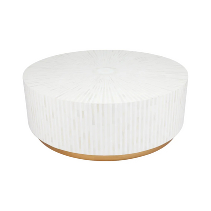 Esme Coffee Table in black bone inlay with golden base, handcrafted with bold striped design, size 100x100x45 cm.