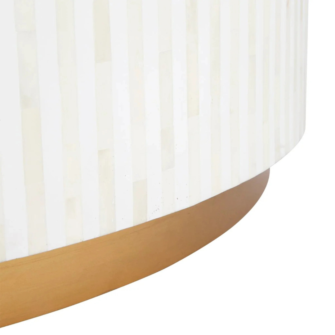 Esme Coffee Table in black bone inlay with golden base, handcrafted with bold striped design, size 100x100x45 cm.