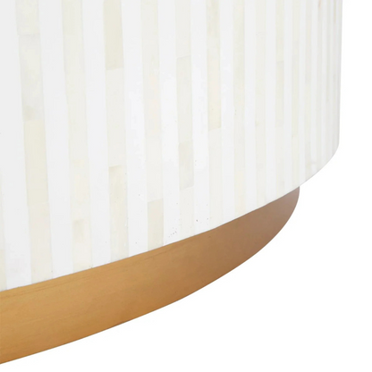 Esme Coffee Table in black bone inlay with golden base, handcrafted with bold striped design, size 100x100x45 cm.