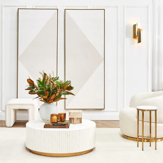 Esme Coffee Table in black bone inlay with golden base, handcrafted with bold striped design, size 100x100x45 cm.