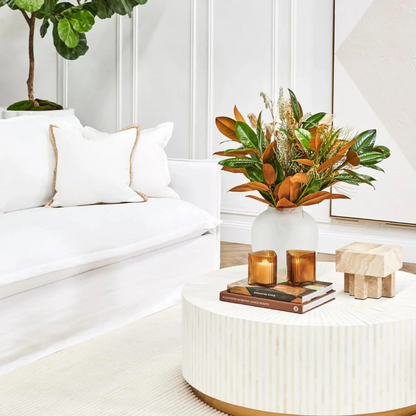 Esme Coffee Table in black bone inlay with golden base, handcrafted with bold striped design, size 100x100x45 cm.