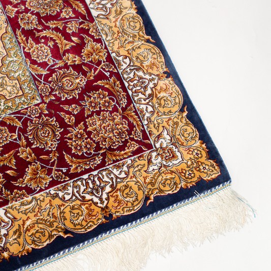 Flair Silk Rug in 200x300 cm with crimson red base, ornate golden floral patterns, navy accents, and intricate woven detailing.