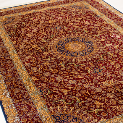 Flair Silk Rug in 200x300 cm with crimson red base, ornate golden floral patterns, navy accents, and intricate woven detailing.