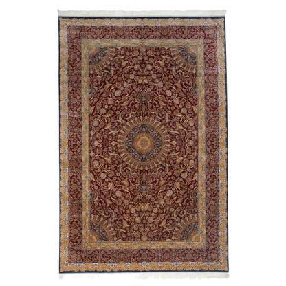 Flair Silk Rug in 200x300 cm with crimson red base, ornate golden floral patterns, navy accents, and intricate woven detailing.