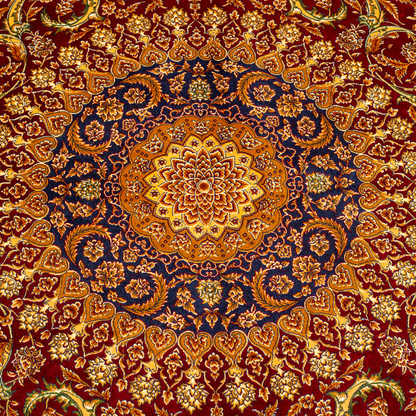 Flair Silk Rug in 200x300 cm with crimson red base, ornate golden floral patterns, navy accents, and intricate woven detailing.