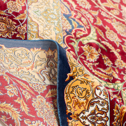 Flair Silk Rug in 200x300 cm with crimson red base, ornate golden floral patterns, navy accents, and intricate woven detailing.