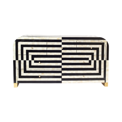 Black bone inlay chest of drawers with curved corners, brass knobs, and maze-inspired geometric design, handcrafted for modern interiors.