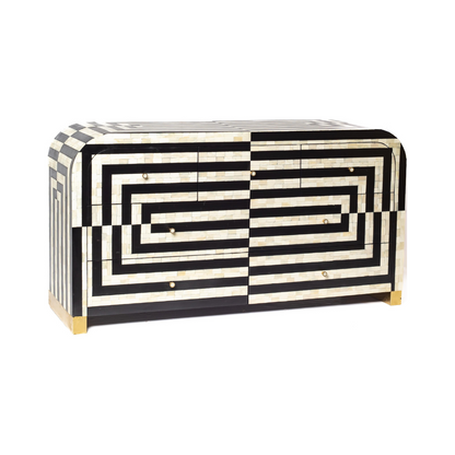Black bone inlay chest of drawers with curved corners, brass knobs, and maze-inspired geometric design, handcrafted for modern interiors.