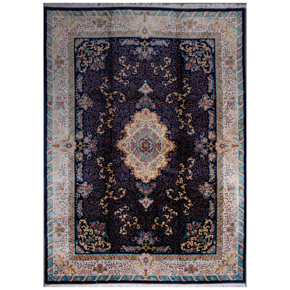 Elegant navy silk rug with detailed floral medallion, ornate cream border, and rich design in gold, coral, and turquoise tones.