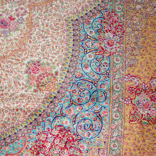 Silk Flow rug with a floral rosette medallion, ivory base, and ornate border in saffron, turquoise, plum, and blush tones.