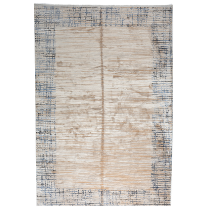 Fray cotton rug in 200x300 cms featuring a beige linear body with abstract navy border, modern and elegant in texture and tone.