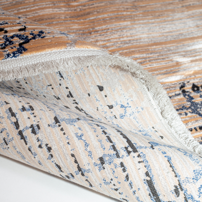 Fray cotton rug in 200x300 cms featuring a beige linear body with abstract navy border, modern and elegant in texture and tone.