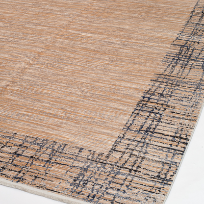 Fray cotton rug in 200x300 cms featuring a beige linear body with abstract navy border, modern and elegant in texture and tone.