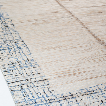 Fray cotton rug in 200x300 cms featuring a beige linear body with abstract navy border, modern and elegant in texture and tone.