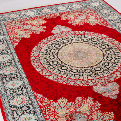 Fraze Silk Rug in 200x300 cm featuring a red base, central ivory medallion, and ornate silk border design.