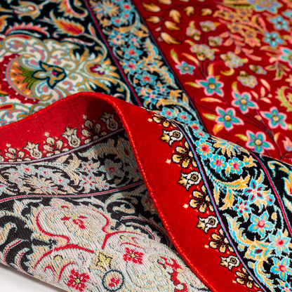 Fraze Silk Rug in 200x300 cm featuring a red base, central ivory medallion, and ornate silk border design.