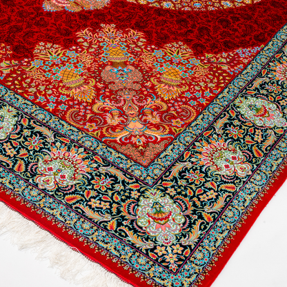 Fraze Silk Rug in 200x300 cm featuring a red base, central ivory medallion, and ornate silk border design.