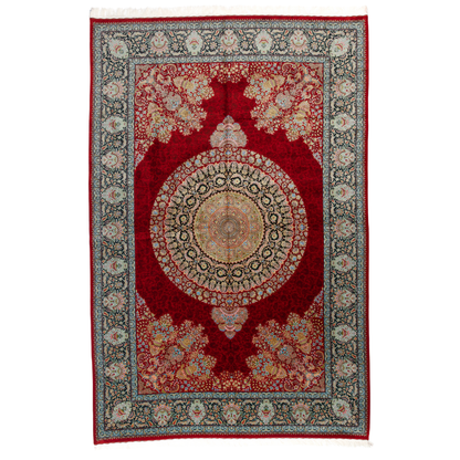 Fraze Silk Rug in 200x300 cm featuring a red base, central ivory medallion, and ornate silk border design.