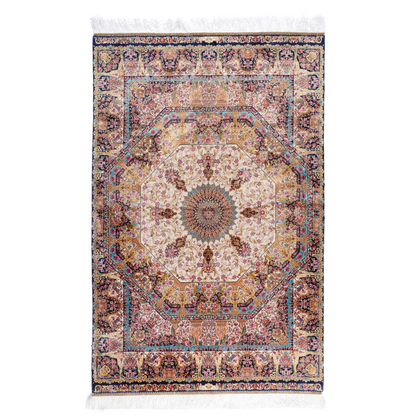 Galeo silk rug featuring central medallion, navy border, and multi-colour floral motifs on an ivory base. Size 150x100 cms.