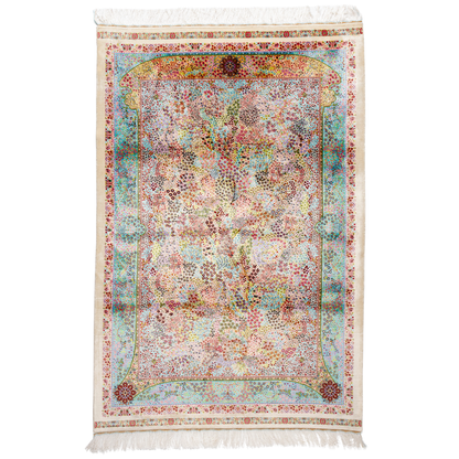 Gohan Silk Rug with intricate floral detailing in red, blue, and pastel tones on an ivory base with turquoise borders, 150x100 cm.