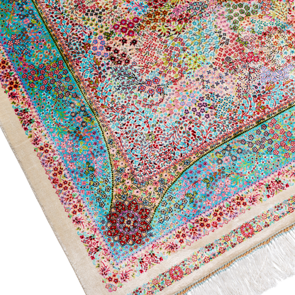 Gohan Silk Rug with intricate floral detailing in red, blue, and pastel tones on an ivory base with turquoise borders, 150x100 cm.