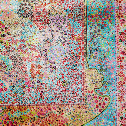 Gohan Silk Rug with intricate floral detailing in red, blue, and pastel tones on an ivory base with turquoise borders, 150x100 cm.