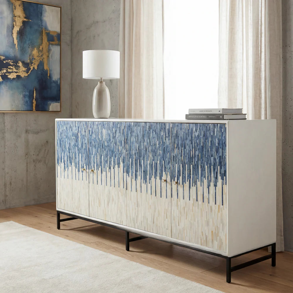 Grover Sideboard – blue bone carved sideboard, handcrafted furniture, by Arkrn Homes