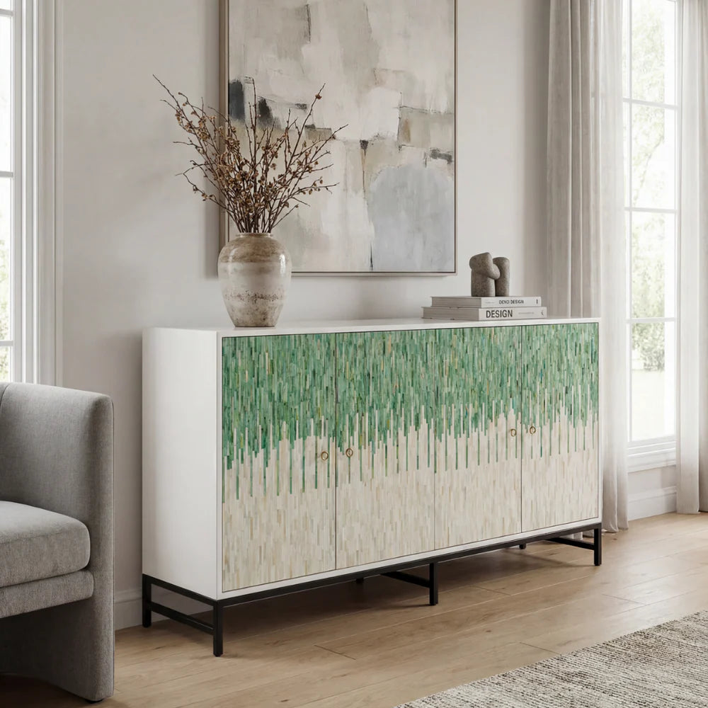 Grover Sideboard – green bone carved sideboard, handcrafted furniture, by Arkrn Homes