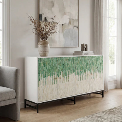 Grover Sideboard – green bone carved sideboard, handcrafted furniture, by Arkrn Homes