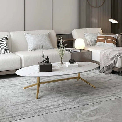 Oval white marble coffee table with subtle gold vein detailing and sleek gold legs. 