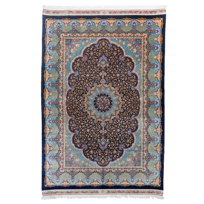 Ilse Silk Rug in 200x300 cm featuring a navy base, turquoise medallion, and intricate floral motifs.