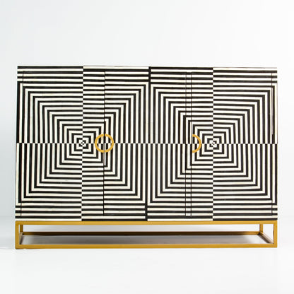 Leam Cabinet in black and white striped bone inlay by arkrn omes