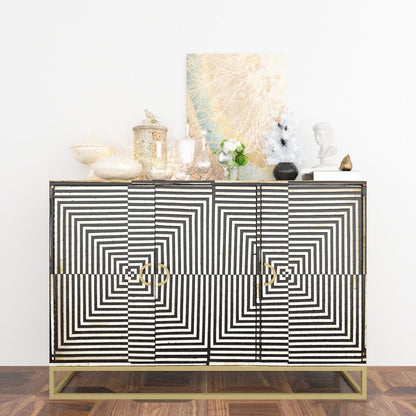 Leam Cabinet in black and white striped bone inlay by arkrn omes