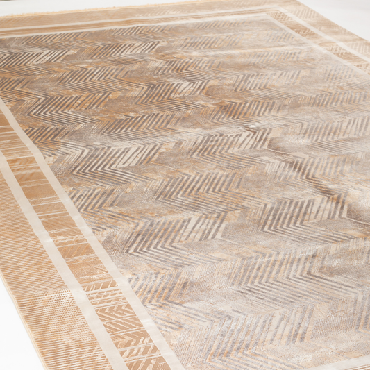 Lime cotton Rug in 200x300 cms featuring a beige chevron design, soft sheen finish, and double border detailing.